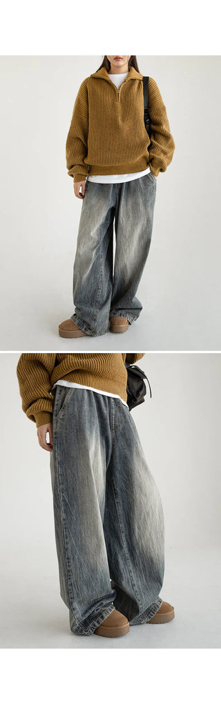 Desti Two-Way String Jogger Wide Elastic Waist Washed Denim Pants
