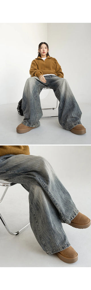 Desti Two-Way String Jogger Wide Elastic Waist Washed Denim Pants