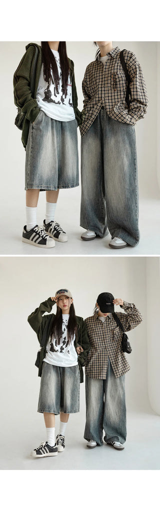 Desti Two-Way String Jogger Wide Elastic Waist Washed Denim Pants