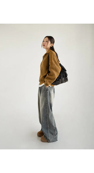 Desti Two-Way String Jogger Wide Elastic Waist Washed Denim Pants