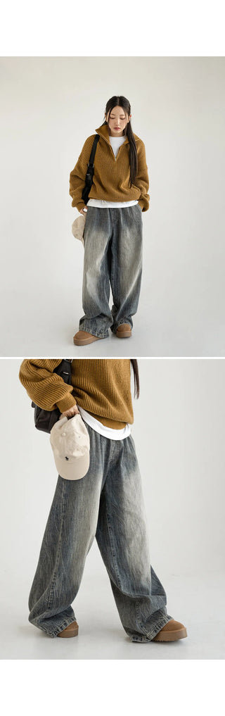 Desti Two-Way String Jogger Wide Elastic Waist Washed Denim Pants
