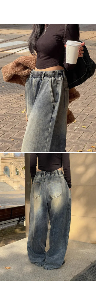 Desti Two-Way String Jogger Wide Elastic Waist Washed Denim Pants