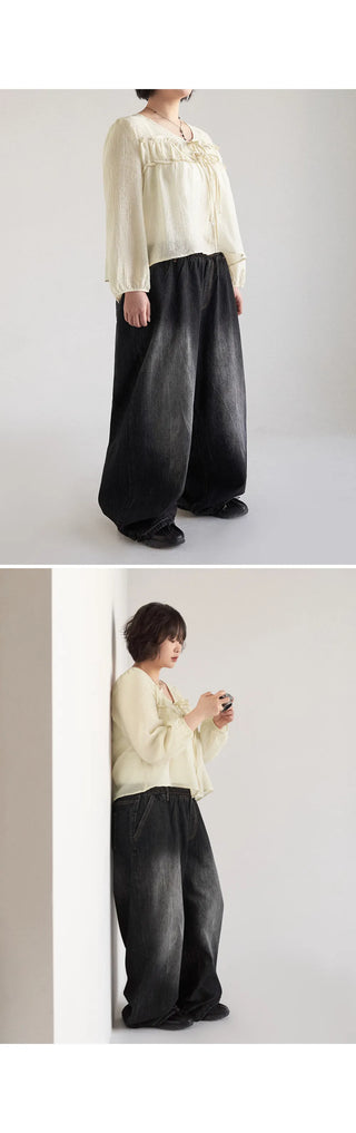 Desti Two-Way String Jogger Wide Elastic Waist Washed Denim Pants