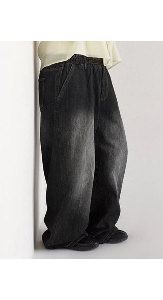 Desti Two-Way String Jogger Wide Elastic Waist Washed Denim Pants