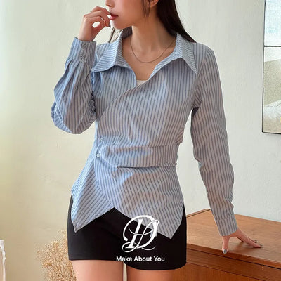 Retained  Cinched Waist Asymmetrical Double Button Pintuck Strap Collar Wrap Long Sleeve Shirt Wedding Guest Look