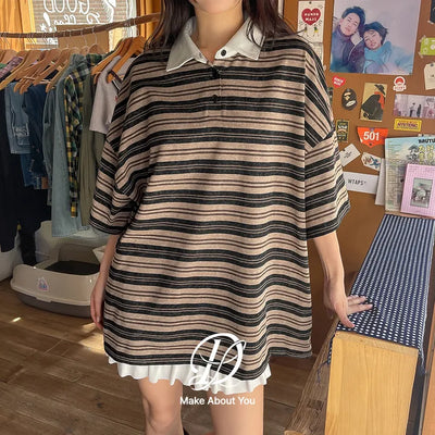Nova Rugby Washed Color Block Stripe Oversized Collared Short Sleeve T-shirt