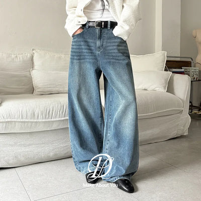 Edin Vintage Washed Back Elastic Wide Denim Pants Jeans