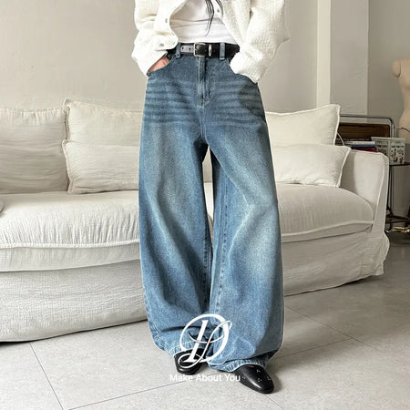 Edin Vintage Washed Back Elastic Wide Denim Pants Jeans
