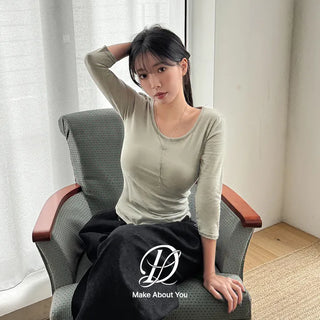 Barin  Premium Cotton Slim Fit U-Neck Semi-Crop 3 4 Sleeve T-Shirt