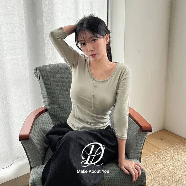 Barin  Premium Cotton Slim Fit U-Neck Semi-Crop 3 4 Sleeve T-Shirt