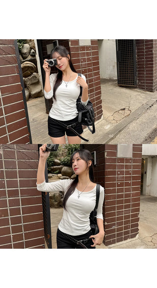 Barin  Premium Cotton Slim Fit U-Neck Semi-Crop 3 4 Sleeve T-Shirt