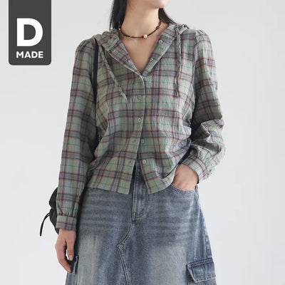 Nervee Wrinkle Hoodie Shirred Check Shirt Long Sleeve Shirt Jacket
