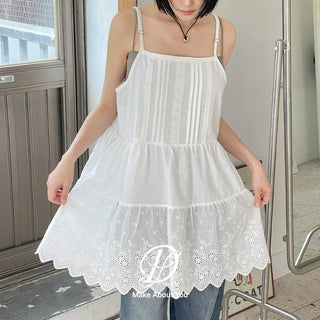 Irene Punched Lace Cotton Layered Bustier Strap Sleeveless Tiered Dress