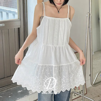 Irene Punched Lace Cotton Layered Bustier Strap Sleeveless Tiered Dress