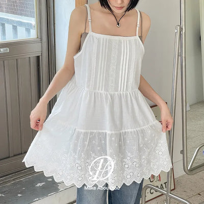 Irene Punched Lace Cotton Layered Bustier Strap Sleeveless Tiered Dress
