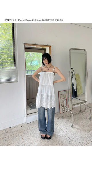Irene Punched Lace Cotton Layered Bustier Strap Sleeveless Tiered Dress
