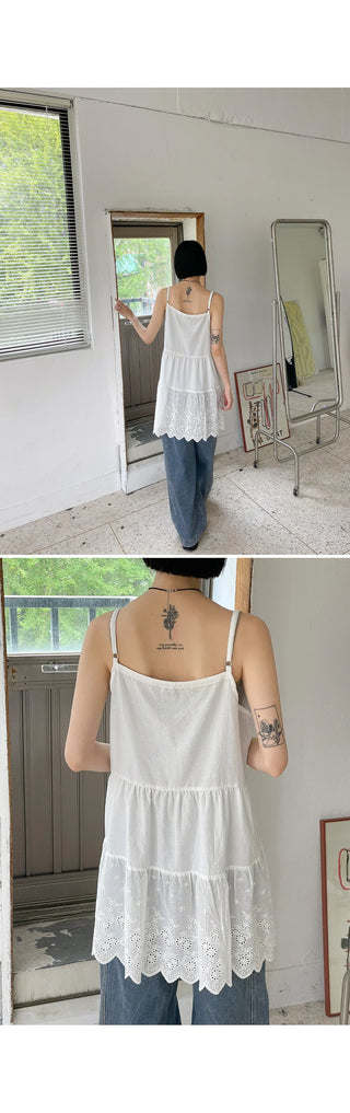 Irene Punched Lace Cotton Layered Bustier Strap Sleeveless Tiered Dress