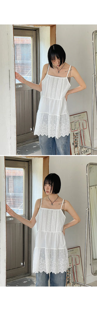 Irene Punched Lace Cotton Layered Bustier Strap Sleeveless Tiered Dress