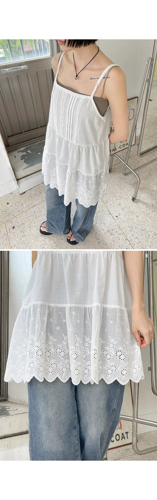 Irene Punched Lace Cotton Layered Bustier Strap Sleeveless Tiered Dress