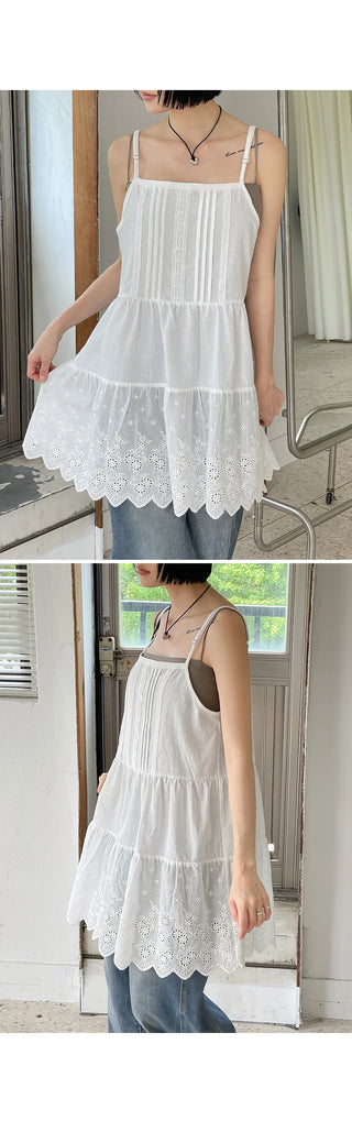 Irene Punched Lace Cotton Layered Bustier Strap Sleeveless Tiered Dress