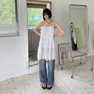 Irene Punched Lace Cotton Layered Bustier Strap Sleeveless Tiered Dress