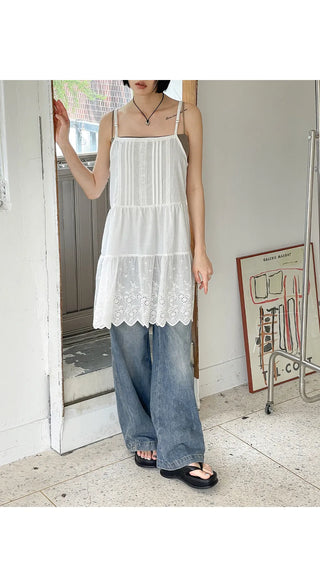 Irene Punched Lace Cotton Layered Bustier Strap Sleeveless Tiered Dress