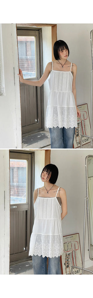 Irene Punched Lace Cotton Layered Bustier Strap Sleeveless Tiered Dress