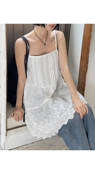 Irene Punched Lace Cotton Layered Bustier Strap Sleeveless Tiered Dress