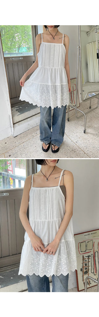 Irene Punched Lace Cotton Layered Bustier Strap Sleeveless Tiered Dress
