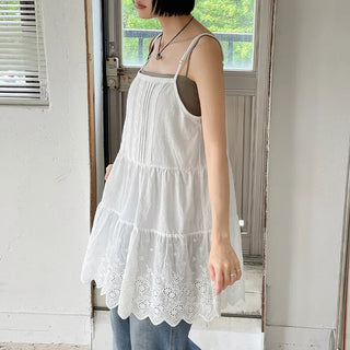 Irene Punched Lace Cotton Layered Bustier Strap Sleeveless Tiered Dress