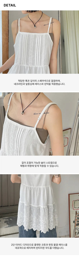 Irene Punched Lace Cotton Layered Bustier Strap Sleeveless Tiered Dress