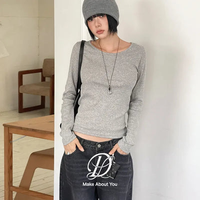 Puetti Basic U-Neck Plain Cotton Long Sleeve T-Shirt