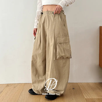 Keon Cotton Adjustable Waist Strap Two-Way Drawstring Jogger Wide Cargo Pants Cotton Trousers