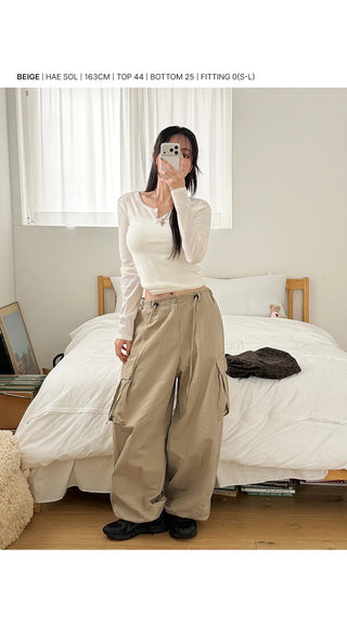 Keon Cotton Adjustable Waist Strap Two-Way Drawstring Jogger Wide Cargo Pants Cotton Trousers