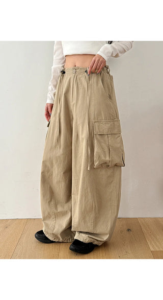 Keon Cotton Adjustable Waist Strap Two-Way Drawstring Jogger Wide Cargo Pants Cotton Trousers