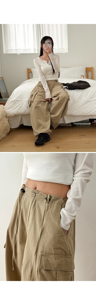 Keon Cotton Adjustable Waist Strap Two-Way Drawstring Jogger Wide Cargo Pants Cotton Trousers