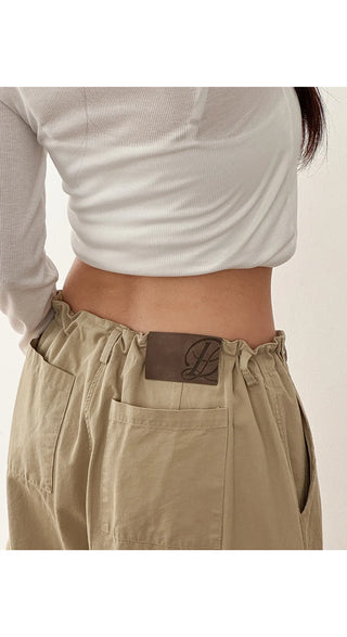 Keon Cotton Adjustable Waist Strap Two-Way Drawstring Jogger Wide Cargo Pants Cotton Trousers