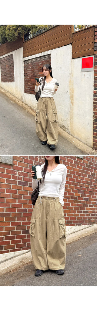 Keon Cotton Adjustable Waist Strap Two-Way Drawstring Jogger Wide Cargo Pants Cotton Trousers