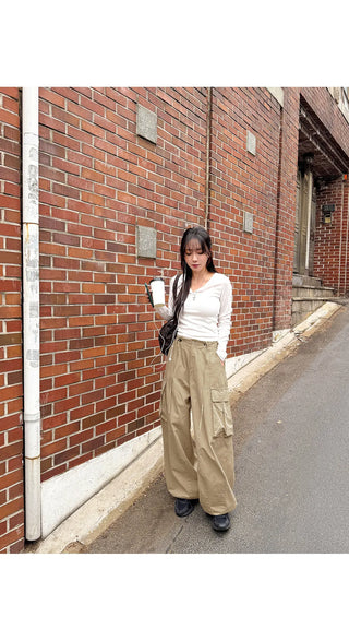 Keon Cotton Adjustable Waist Strap Two-Way Drawstring Jogger Wide Cargo Pants Cotton Trousers