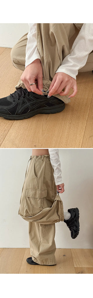 Keon Cotton Adjustable Waist Strap Two-Way Drawstring Jogger Wide Cargo Pants Cotton Trousers