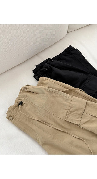 Keon Cotton Adjustable Waist Strap Two-Way Drawstring Jogger Wide Cargo Pants Cotton Trousers