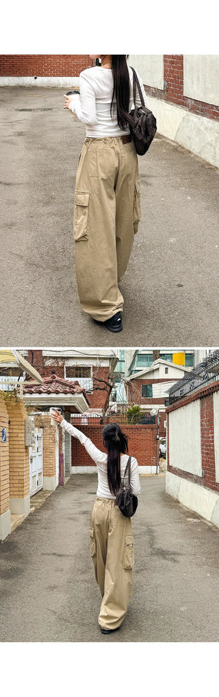 Keon Cotton Adjustable Waist Strap Two-Way Drawstring Jogger Wide Cargo Pants Cotton Trousers