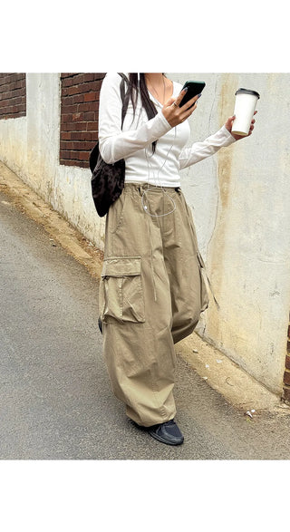 Keon Cotton Adjustable Waist Strap Two-Way Drawstring Jogger Wide Cargo Pants Cotton Trousers