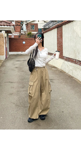 Keon Cotton Adjustable Waist Strap Two-Way Drawstring Jogger Wide Cargo Pants Cotton Trousers
