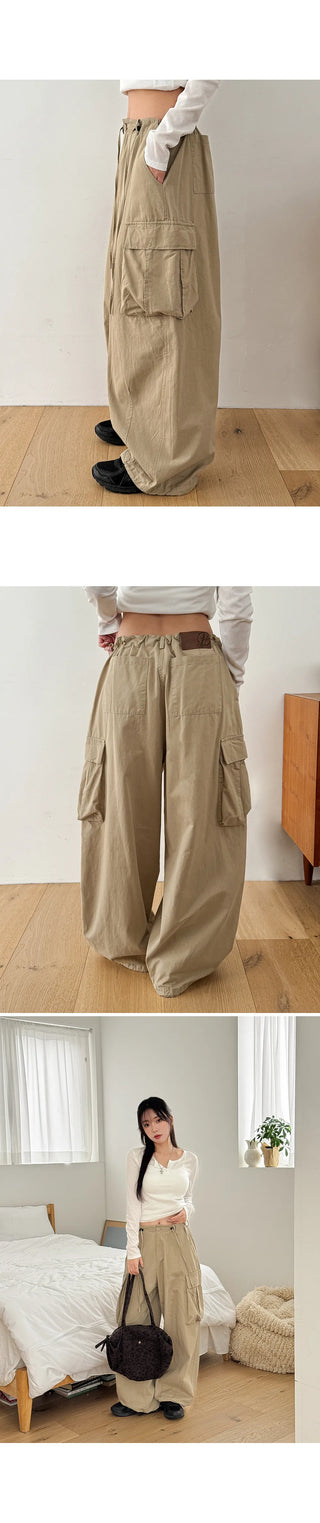 Keon Cotton Adjustable Waist Strap Two-Way Drawstring Jogger Wide Cargo Pants Cotton Trousers