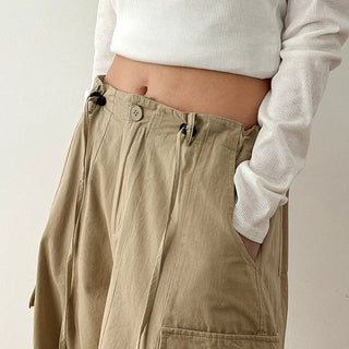 Keon Cotton Adjustable Waist Strap Two-Way Drawstring Jogger Wide Cargo Pants Cotton Trousers