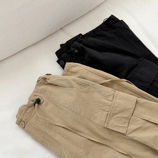 Keon Cotton Adjustable Waist Strap Two-Way Drawstring Jogger Wide Cargo Pants Cotton Trousers