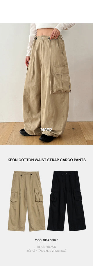 Keon Cotton Adjustable Waist Strap Two-Way Drawstring Jogger Wide Cargo Pants Cotton Trousers