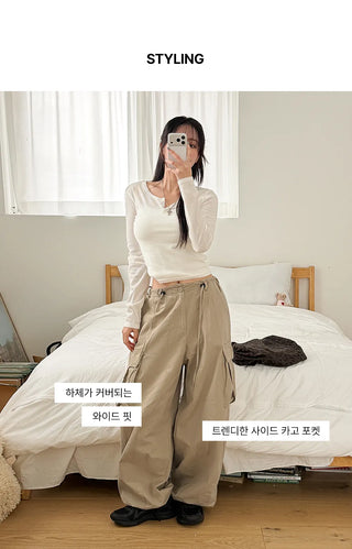 Keon Cotton Adjustable Waist Strap Two-Way Drawstring Jogger Wide Cargo Pants Cotton Trousers