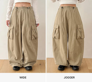 Keon Cotton Adjustable Waist Strap Two-Way Drawstring Jogger Wide Cargo Pants Cotton Trousers